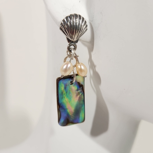 Genuine Sterling Silver Dangle Earrings With Abalone Shells & Freshwater Pearls - Picture 1 of 12